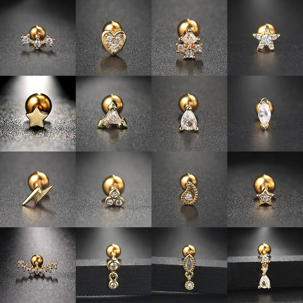 1PC gwiazda kwiatowa krzyż przekłucie Tragus ze stali śruba stalowa Stud kolczyk płaskie Helix płatek chrząstka chrząstka Earing Hot Trend biżuteria