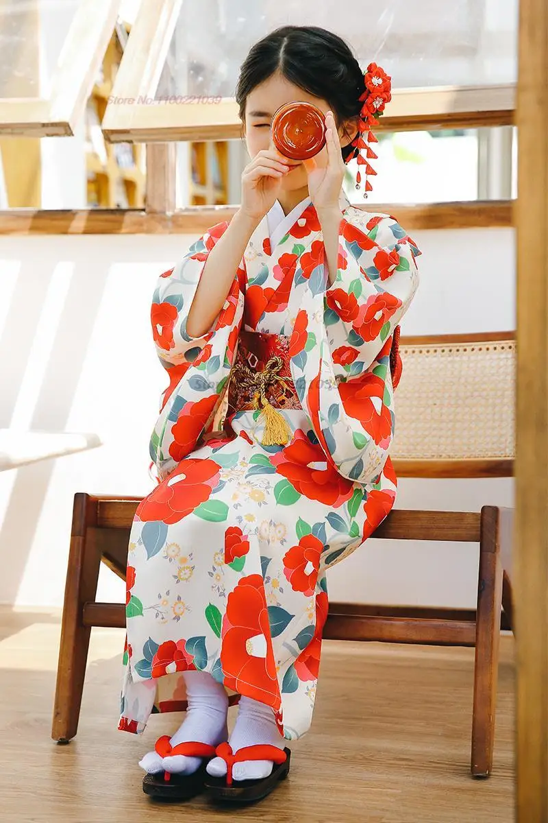 

2024 traditional japanese children kimono dress national flower print stage performance dress photography wear cosplay costume