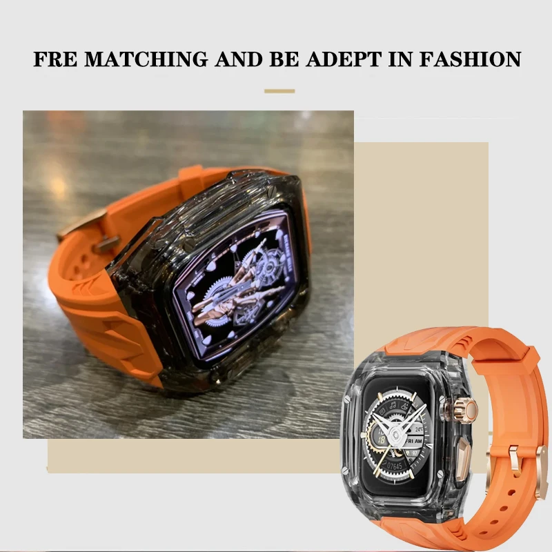 Luxury Transparent Case for Apple Ultra Watch 49mm 44mm 45mm Modification Kit for iwatch series 9 8 7 SE 6 5 4 Rubber Band+Cover