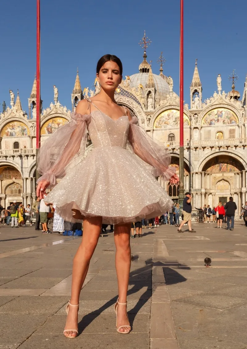 Vestido de baile de lantejoulas com glitter, Manga comprida espaguete, Vestido curto do baile, Vestido de formatura, Venda quente, 2023