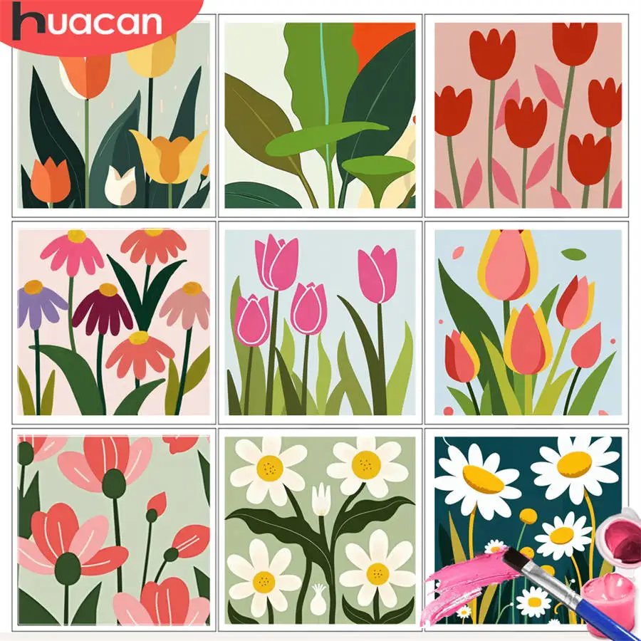 

HUACAN наборы для рисования по номерам, современные тюльпаны, плоские геометрические элементы, сделай сам, масляный рисунок, цветок