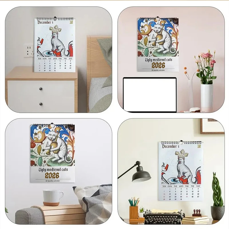 Middeleeuwse kattenkalender 2026 - Vreemde middeleeuwse kattenwandkalender, 12 maanden lelijke middeleeuwse kat, 2026 januari tot december 2026