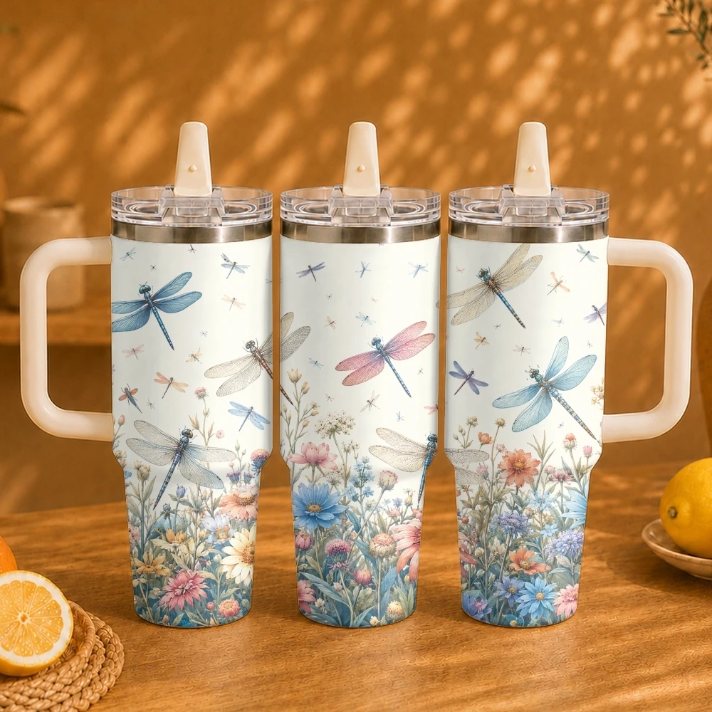 Bee-eating Dragonfly Vacuum Flasks 40oz Vacuum Insulated Travel Mug - Stainless Steel Straw Cup Lid