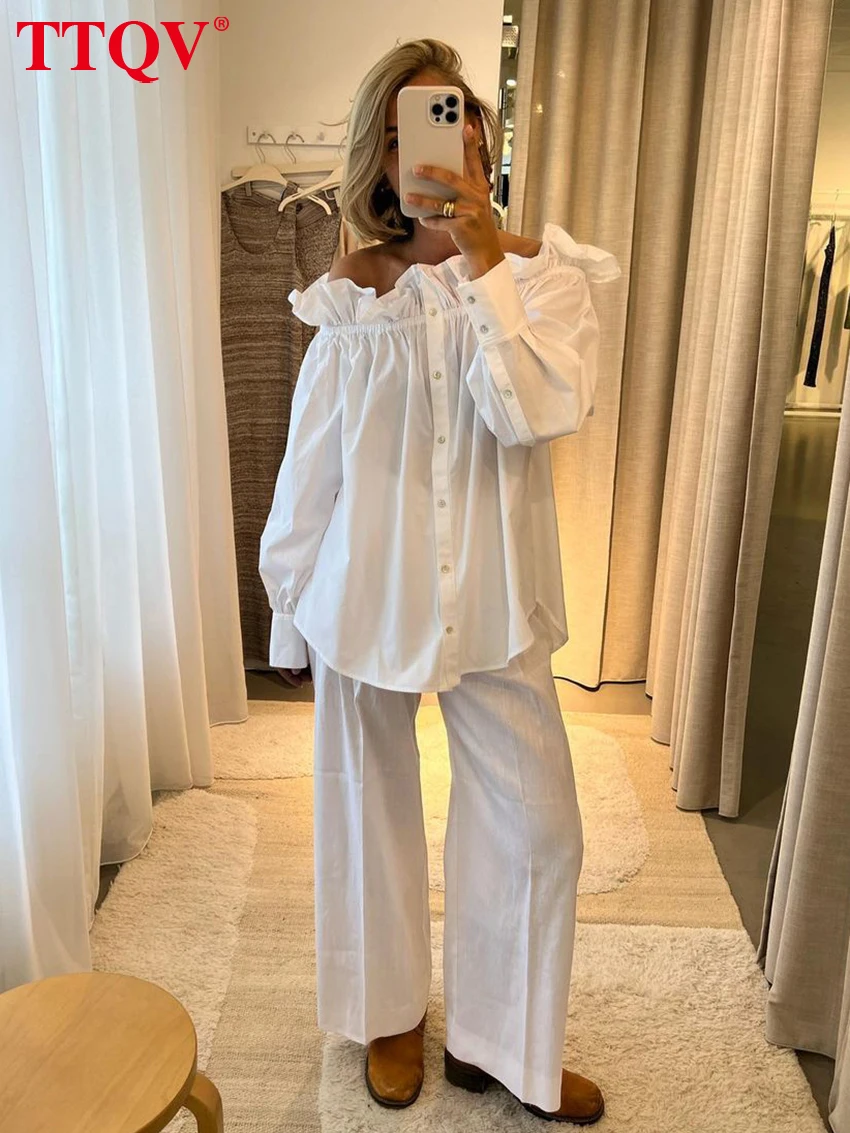 

TTQV Fashion White Sets For Women 2 Pieces Elegant Strapless Long Sleeve Button Shirt + Simple Straight Ankle-Length Pants Set