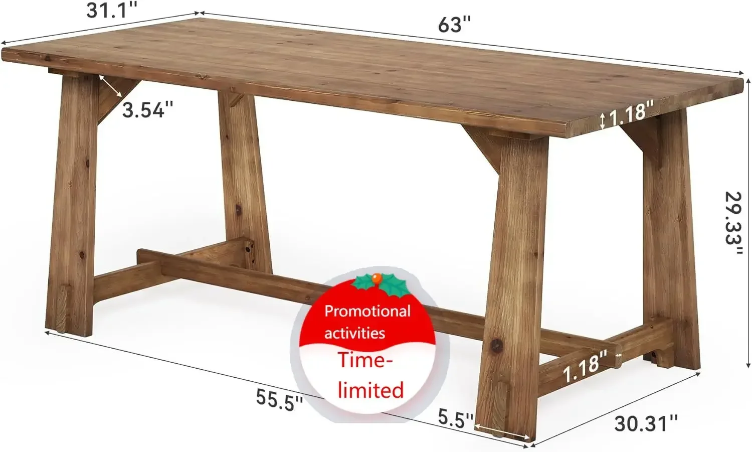 

63" Solid Wood Office Desk, Farmhouse Executive Computer Desk, Large Work Writing Table, Rustic Brown Home Office Workstaticon,