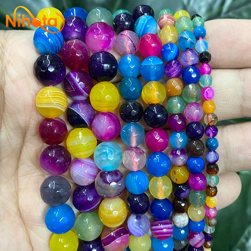 

Natural Stone Beads Faceted Mixed Color Striped Agates Round Loose Beads For Charms Jewelry Making 15'' Strand 4/6/8/10/12mm