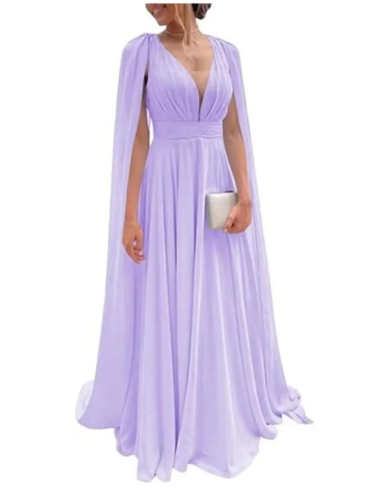 TSxuelian Floor Length Mother of Bride Women\'s Long Bridesmaid Dresses with Sleeves Pleated Chiffon V-Neck Formal Evening Dress