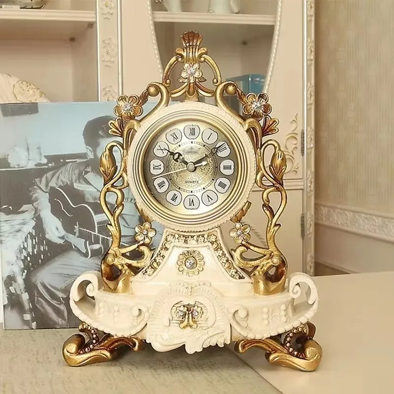 Large Retro European Table clock Luxury interior antiques  desk Battery Powered silent clock Living Room Bedroom Home Decoration