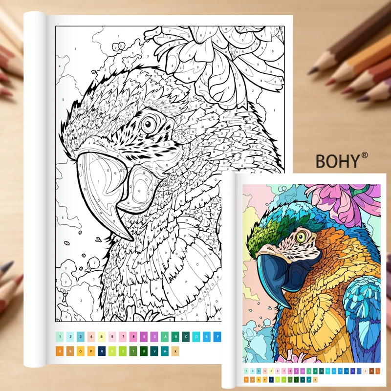 1 Adult Decompression Pencil Color Drawing Book, Themes As Lilies, Colorful Parrots, Tropical Flowers, Flamingos, Etc., 32 Pages