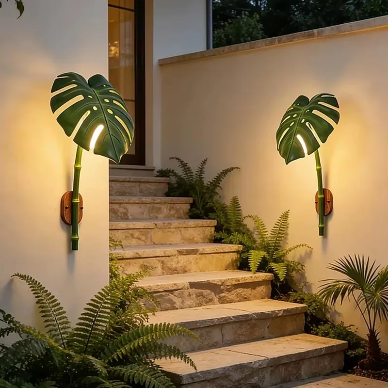 Entrance Garden Terrace Decorative Monstera Wall Lamp Bionic Bamboo-jointed PE Glass Aluminum Outdoor Landscape Light