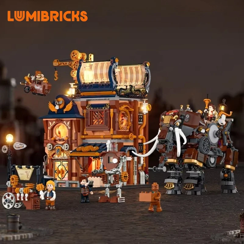 Lumibricks Light with Steampunk World Series Mechanical Repair Shop Retro Architectural Model Mechanical Elephant Assembly Gift