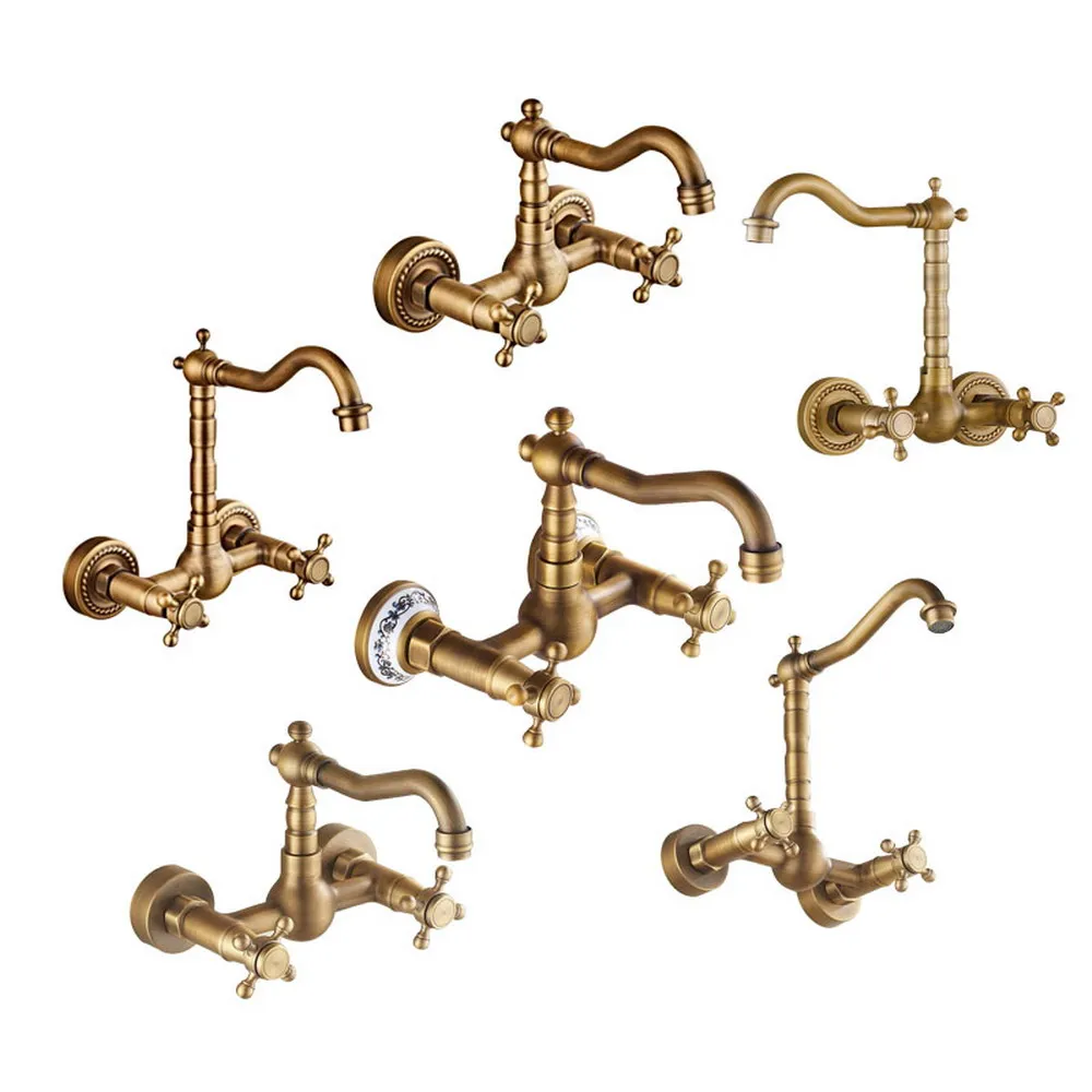 

Antique Brass Wall Mounted Dual Cross Handles Swivel Spout Kitchen Sink Mixer Tap / Bathroom Basin Faucets Nzh027