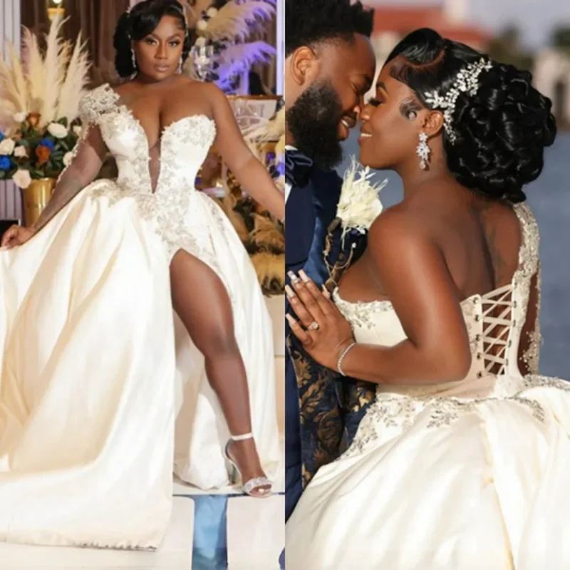 

Customized Luxurious Crystal Beaded Women's Wedding Dress in Large Size Single Shoulder Sleeve Side Split Sexy Bridal Dress 2025