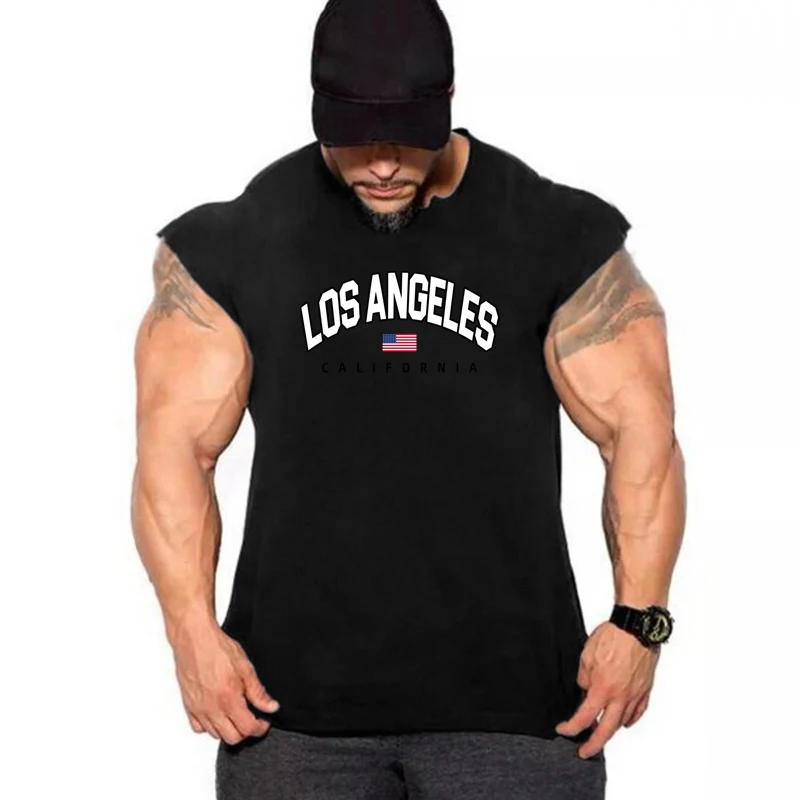 Los Angeles California USA City Retro Print Cool Gym Fitness Tank Tops Mens Bodybuilding Muscle Sleeveless Casual Cotton T-Shirt