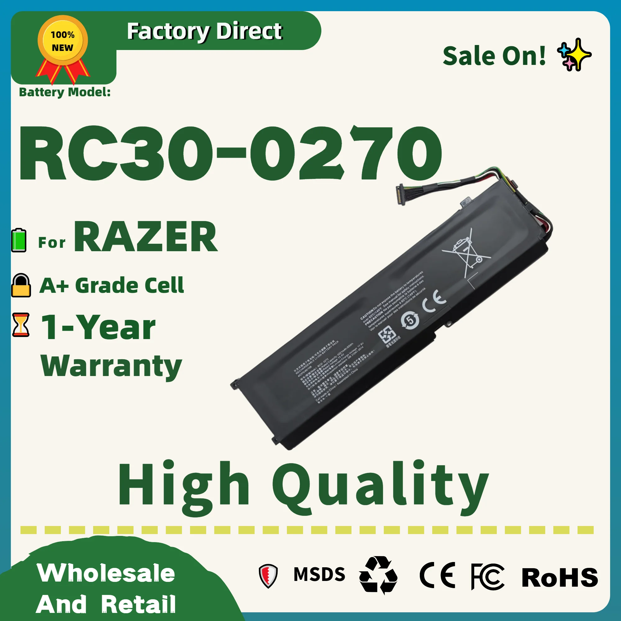 Factory Direct! RC30-0270 Laptop Battery for Razer Blade 15 Base Stealth 2018 Series Notebook RZ09-03006 RZ09-0270 RZ09-02705
