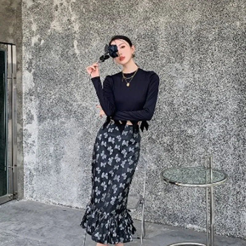 

Spring Summer Women's Clothing Fishtail Skirt Sense of Design Gray Black Bow Print High Waist Femininity Temperament Split Skirt