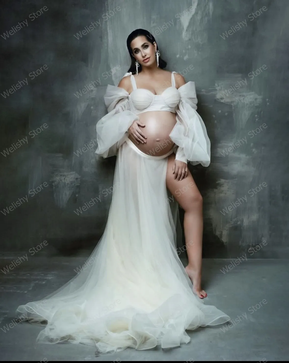 Sexy Ivory Puffy Sleeve Tulle Maternity Women Dresses 2 Pieces Mesh Dress To Photos Shoot Hi Slit Long SKirts And Short Tops