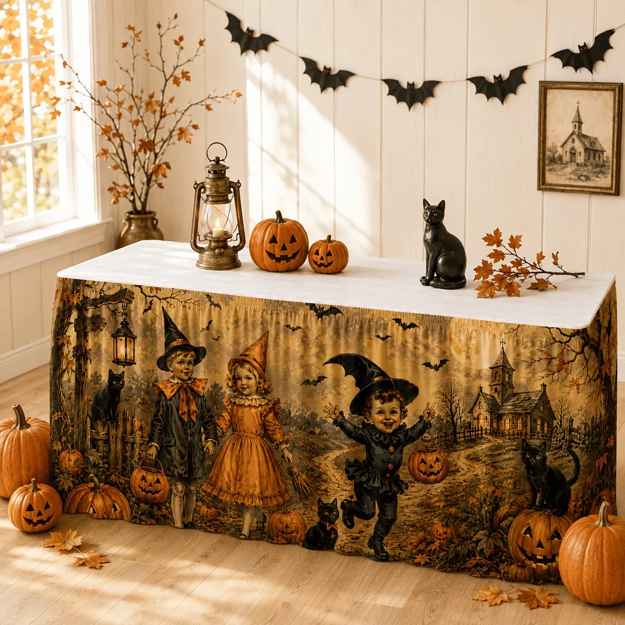 1 tablecloth table skirt, retro Halloween lotus leaf edge table skirt, black cat, bat, pumpkin long desktop decoration