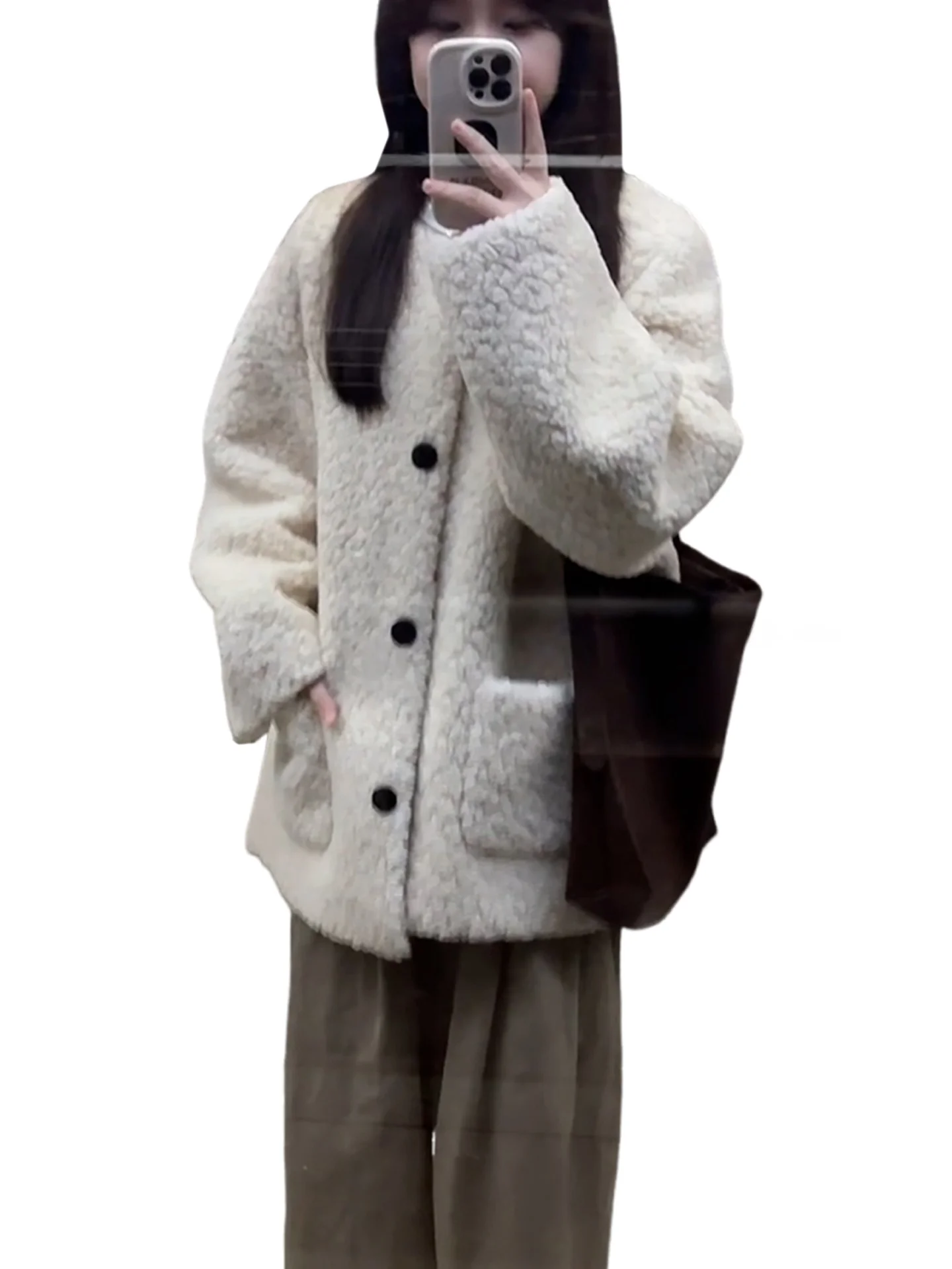 السيدات Thiened Fce لامب الفراء Jaet الدافئة الوقوف صالح ort ملابس خارجية الكورية Sle ألياف البوليستر ملابس يومية غير رسمية