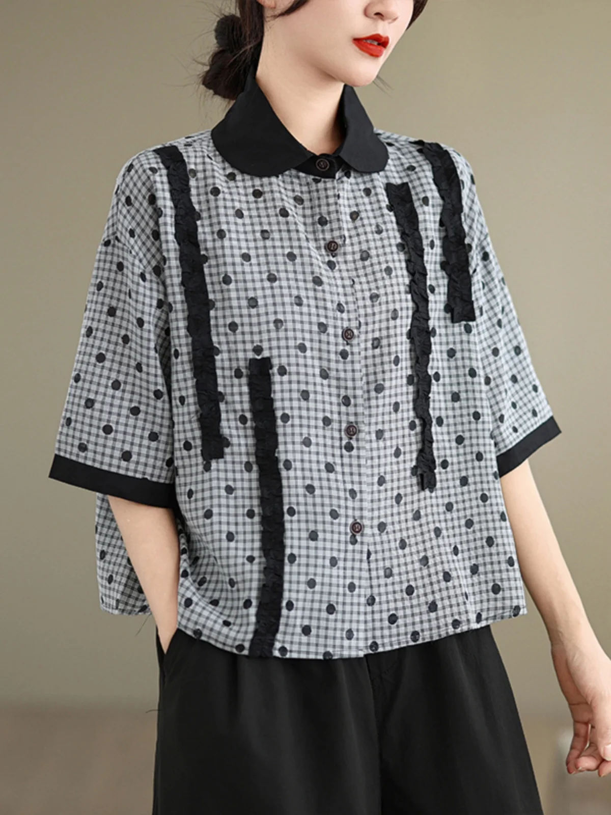 

Summer 2025 Women's Loose Bubble irt ort Sve Hollow out Ne Cotton Plaid Polka Dot Lace Trim Vintage Lazy Sle