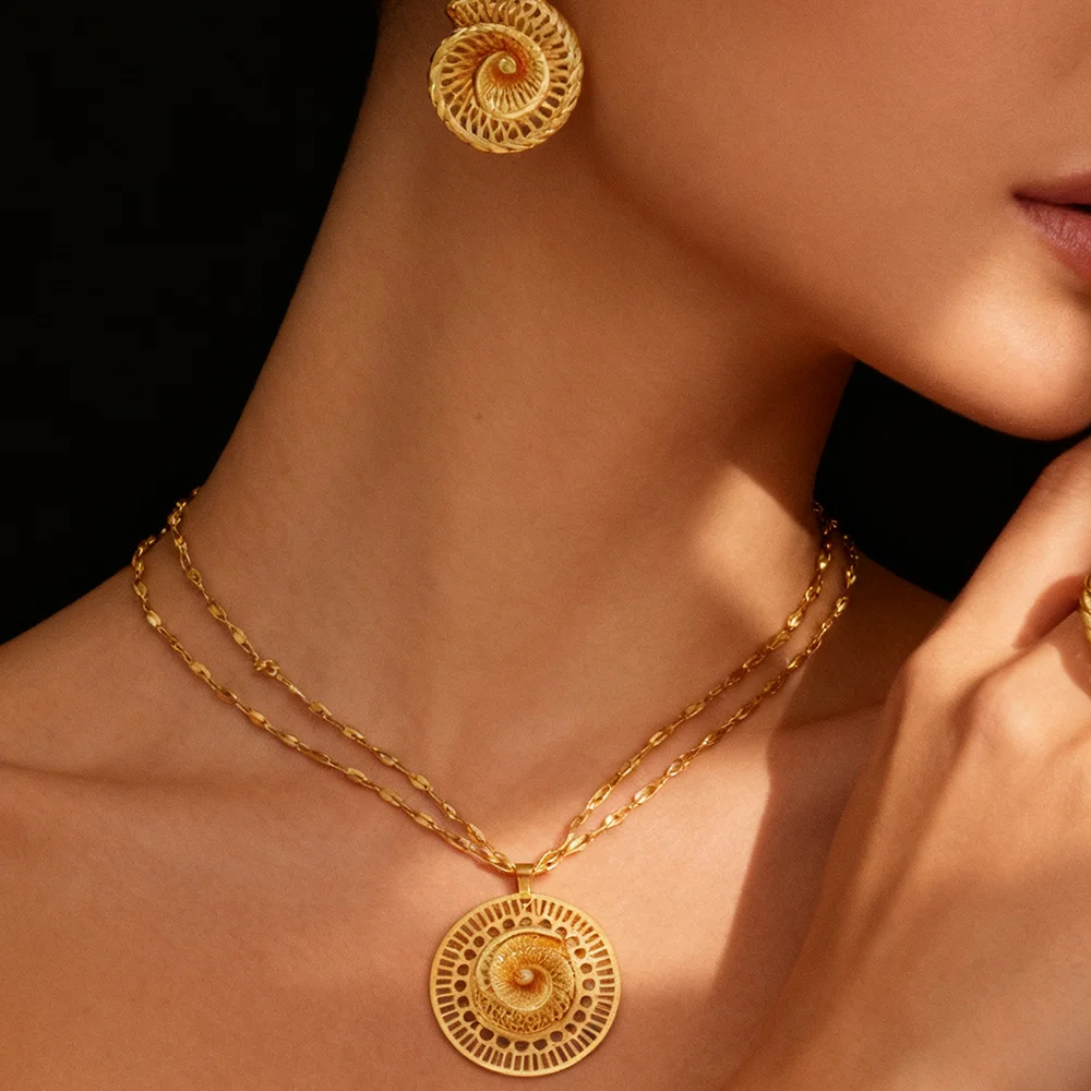 Vergoldetes Edelstahl-Halsketten- und Ohrring-Set für Damen, Modischer Persönlichkeits-Schmuck, Einfache Halsketten und Ohrringe als Geschenk – Detail 8