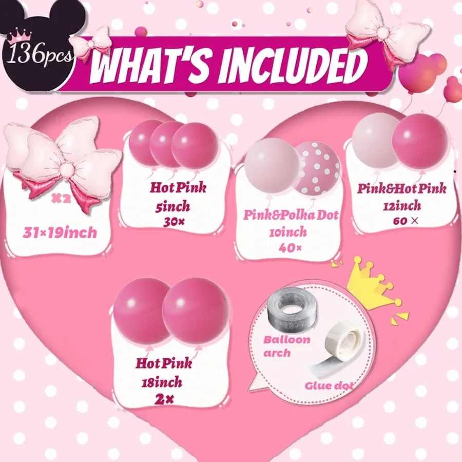 Arco de guirlanda de balão de mouse rosa, 136 peças, bolinhas rosa, balão para tema de mouse, aniversário, menina, decoração de chá de bebê
