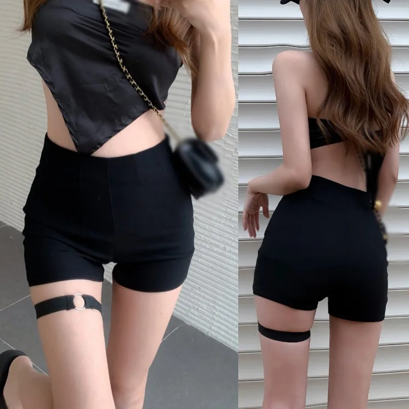 شورت نسائي عالي الخصر من البوليستر ، أحادي اللون ، أسود ، ضيق ، مثير ، ورك ، مرن ، نحيف ، حلقة ، بنطلون نسائي ، الصيف #6