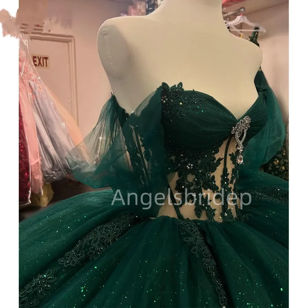 Angelsbridep Smaragdgroene Baljurk Quinceanera Jurken 2025 Glitter Tule Veters Feestjurk Vestido De Quinceañera