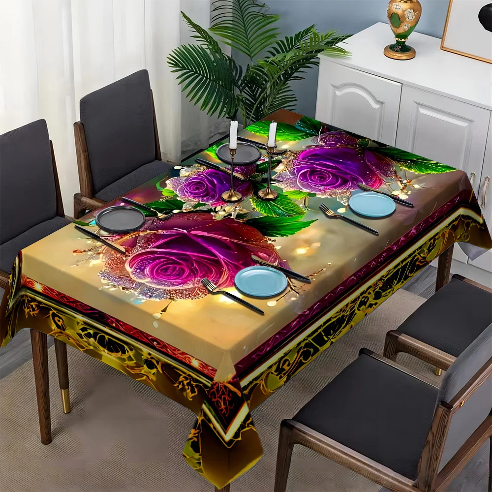 VIKAMA Rose Tablecloth Gold Purple Glitter Flower Green Leaf Rectangular Washable Dining Table Cover Luxury Party Decor