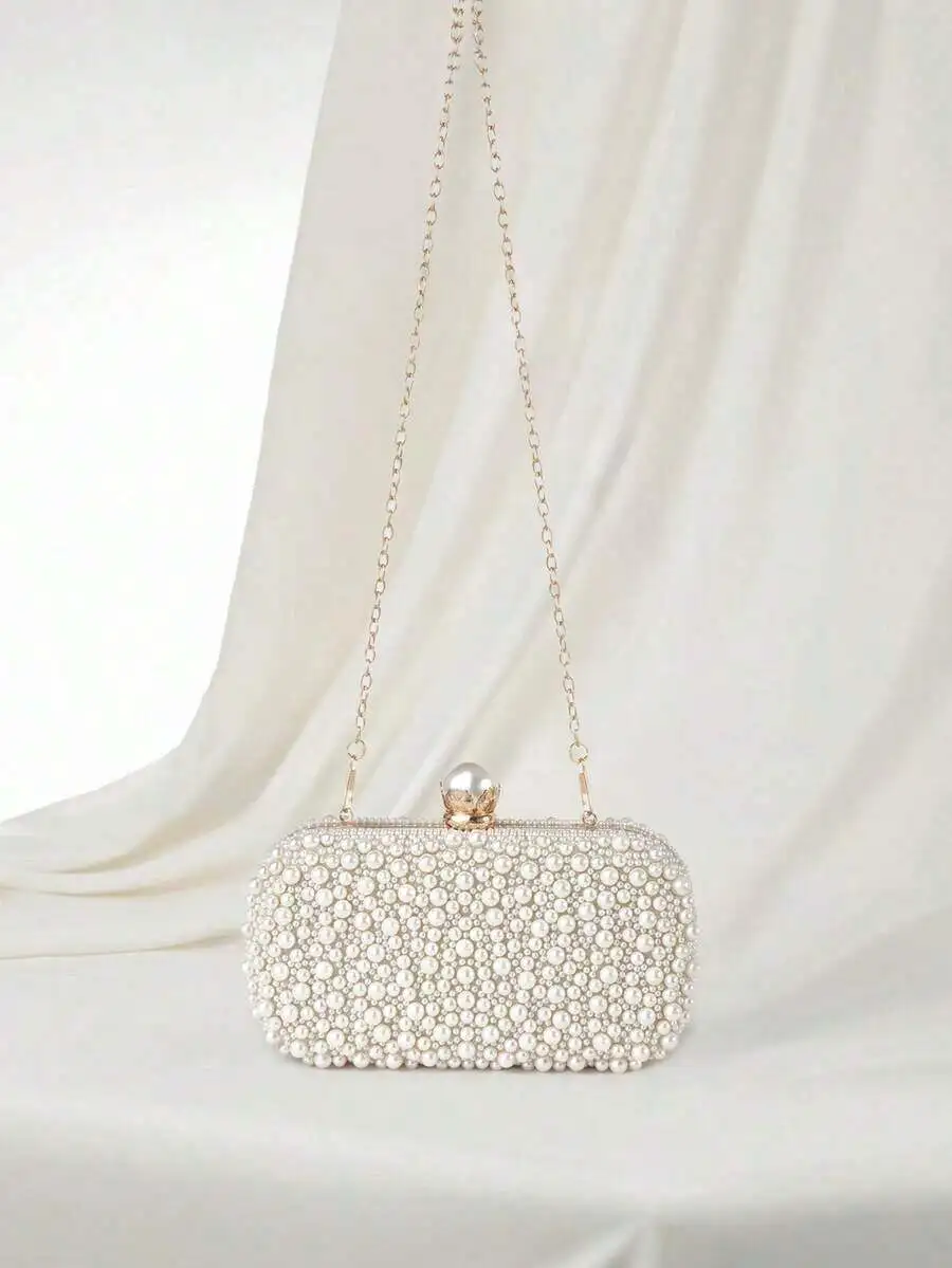 Elegant Pearl-Embellished Mini Clutch With Gold Chain Strap For Wedding, Prom, Evening Or Holiday Events