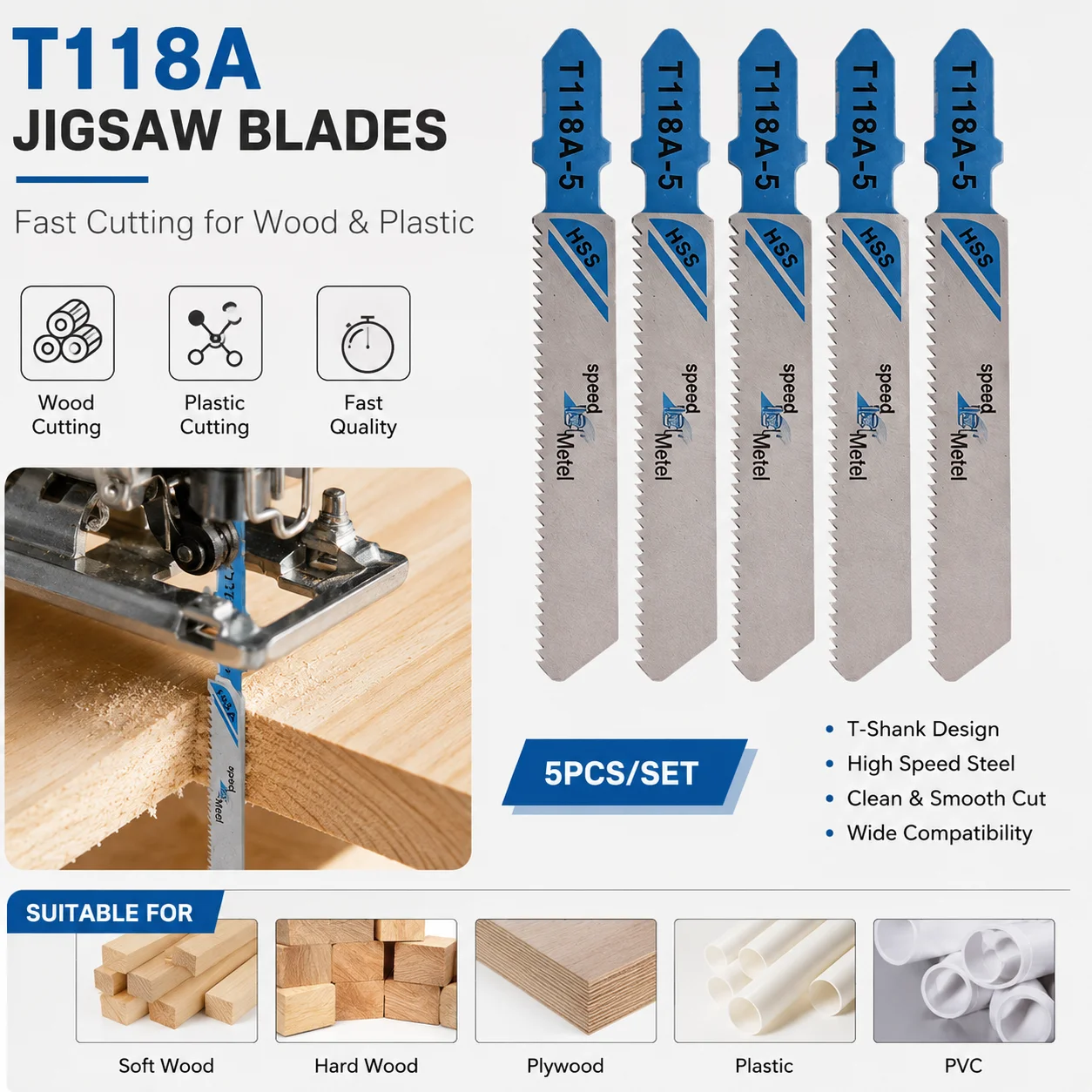 

5Pcs Jigsaw Blades T118A T-Shank Assorted Saw Blade For Wood Plastic Fast Cutting Tools