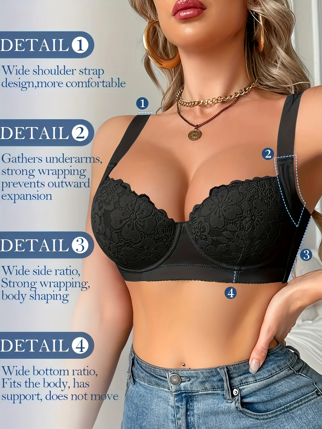 European Size Lace Women's Underwear with Adjustable Front Support and Steel Rim Bra Cup - Comfortable Multi Functional Bra