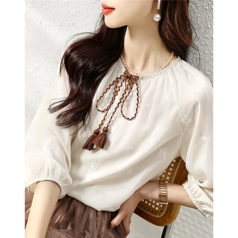 Women Boho Ethnic Style Tops Lace Patchwork Embroidery Tassels Bandage Blouses Elegant Chic Solid Shirts Blusa Mujer Moda 2023