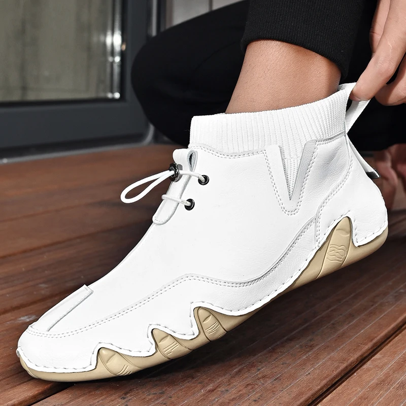 

Men Shoes Casual Male ankle Boots Platform Ankle High Top Outdoor Walking Loafers genuine Leather men white Sneakers