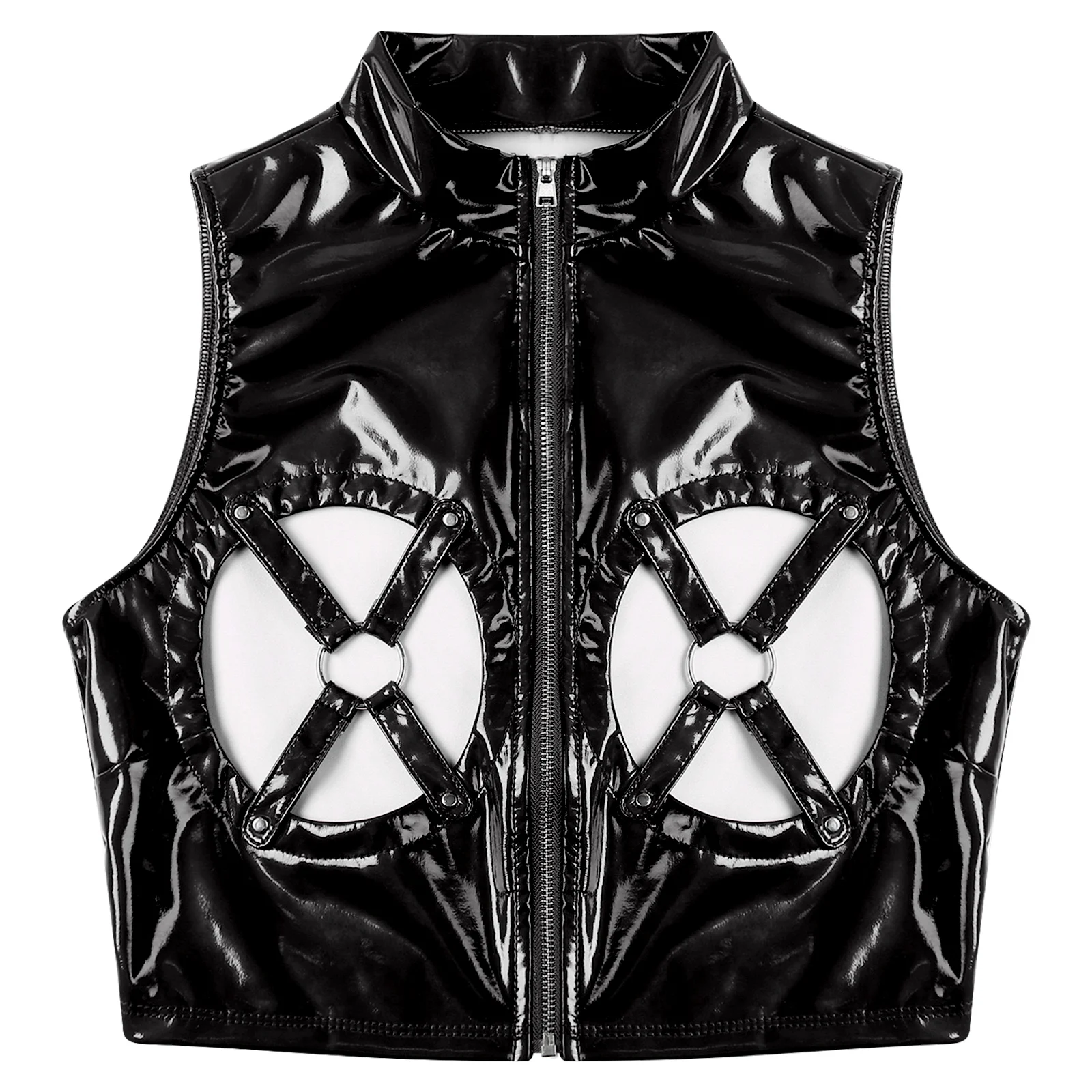 

Womens Zipper Latex Crop Top Patent Leather Lingerie Open Chest Latex Tops Hollow Out O-ring Hot Sexy Tank Top Night Club Wear
