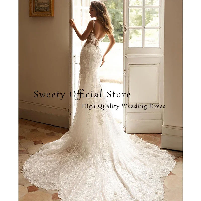 

Mermaid Wedding Dress Customized Organza With Embroidery Lace Ball Gown Square Collar Spahrtti Strap Sleeveless Bride Backless