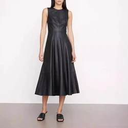 Sleeveless Long Dresses for Women High Waist O-Neck Umbrella Skirt Sheepskin Slim Broad Real Leather Vest Vestido Mujer Elegante