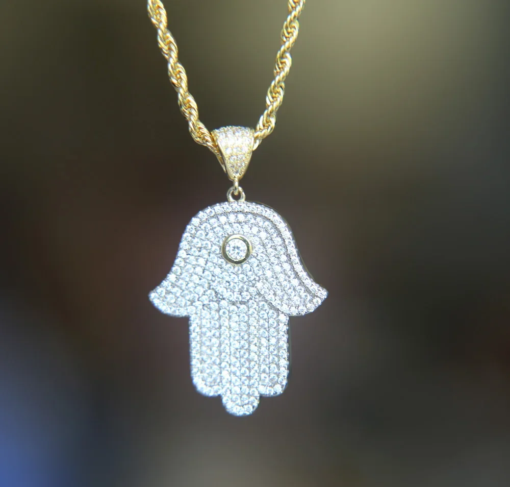 High quality 300+ bling sparking cz stone Fatimas hamsa hand rope chain hip hop bling mens Cool club jewelry necklace