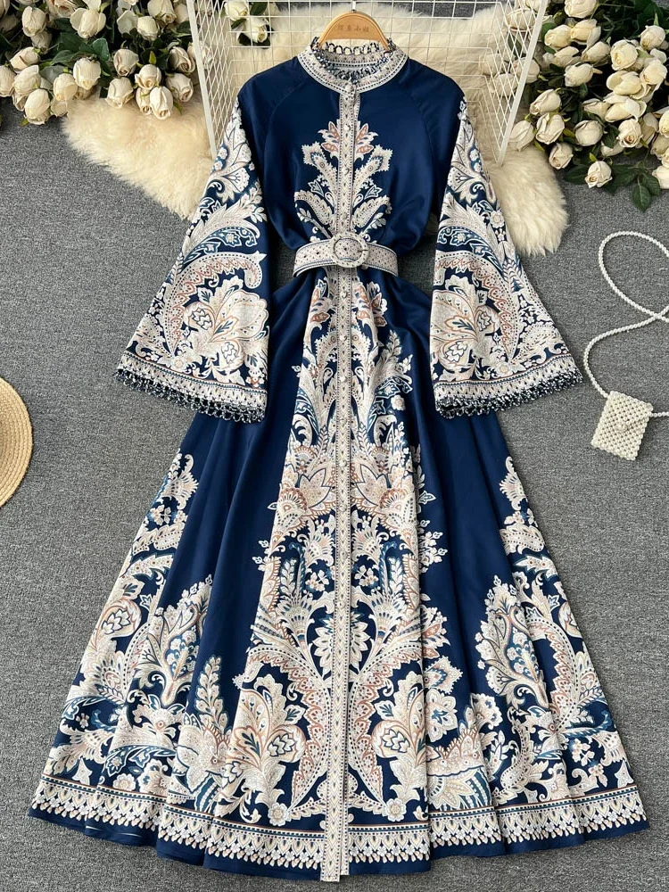 Lente Herfst Vintage Print Lang Gewaad Vrouwen Ronde Hals Flare Mouw Elegante Jurken Single Breasted Onregelmatige Geplooide Maxi Jurk