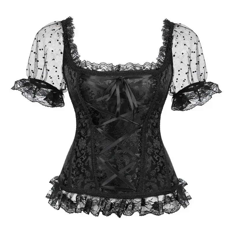 Women Corsets Wedding Corset Bustier with Sleeves Sexy Goth Basques Breathable Lace Trim Bustiers Holiday Party Clubwear Costume