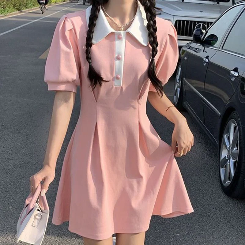 

Dress Puff Short Sleeve Slim Turn Down Collar High Waist Women Sweet A Line Mini Dress Student Preppy Style Kawaii Dress