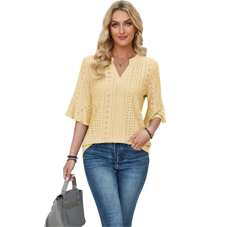 جديد المرأة الصيف بلوزة بلون الربع الأكمام فضفاضة المناسب تي شيرت جوفاء تنفس بلون ملابس نسائية #2