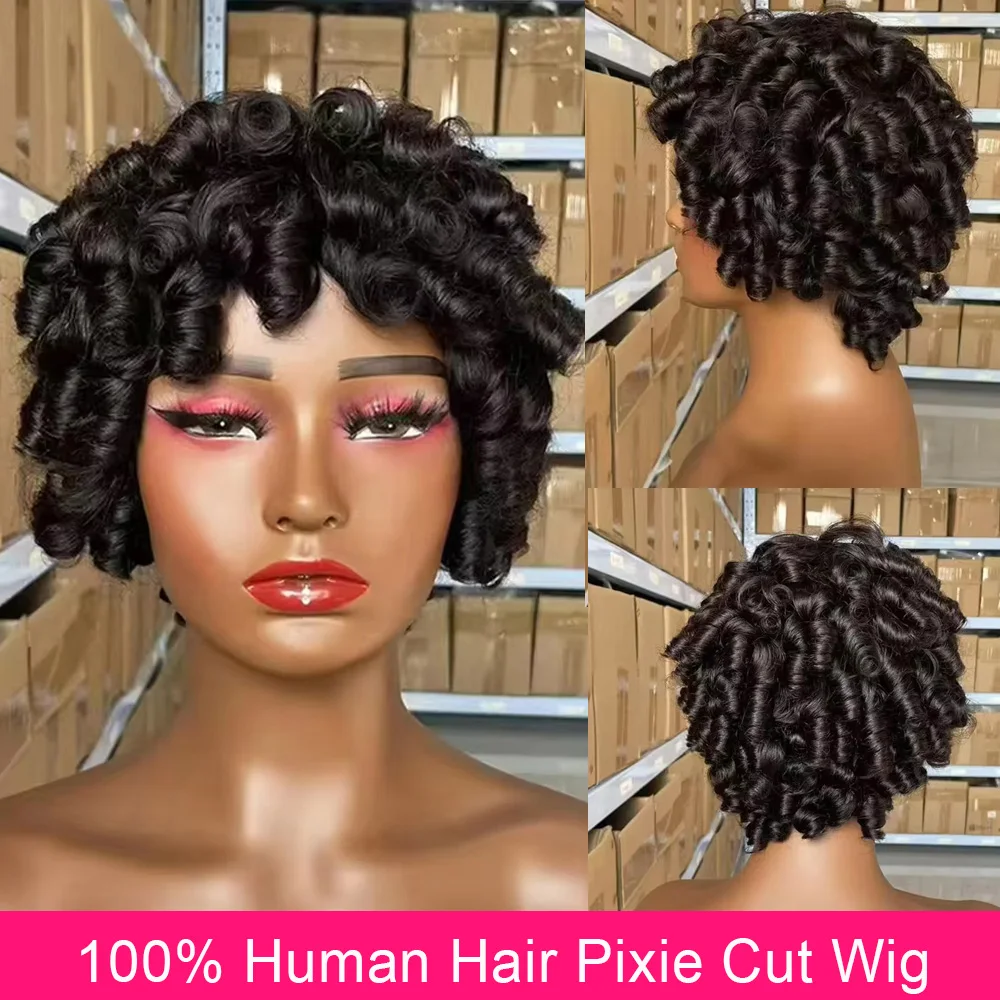 

100% Human Hair Fummi bouncy Loose Wave Fluffy Explosive Head Full Machine Short Pixie Cut Wig Raw indian Virgin human hair