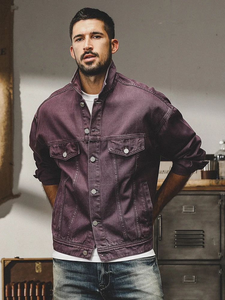 

Retro American Purple Denim Workwear Jaet Men's New Trendy Brand Asut Water Waed Fce Lined Outerwear Casual Loose Fit