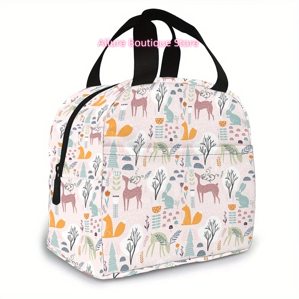 Insulated Lunch Tote - Made from Strong Oxford Material, Washable by Hand, Pink Featuring Rabbit, Squirrel, And Deer Patterns, I