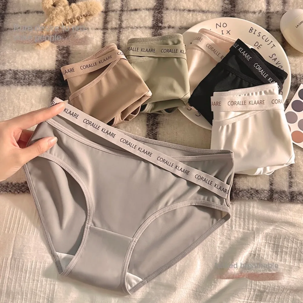 

Smooth Letter Ice Silk Panties Soft Ultra Thin Middle Waist Briefs Cotton Crotch Japanese Style Seamless Lingerie Girls