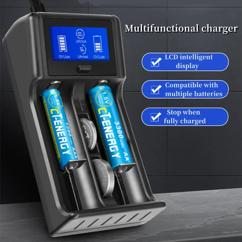 

New 2032 2450 Rechargeable Battery Charger Compatible Charge Rechargable AA AAA 1.2V Ni-MH 3.7v Lithium ion Batteries USB Port