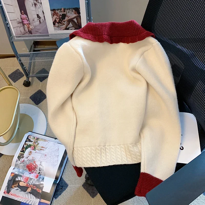 Women's Cardigan Sweater Coat Red White Contrast Doll Neck Knitwear Autumn Winter 2023 New Sweet Thicked Heart Button Sweaters