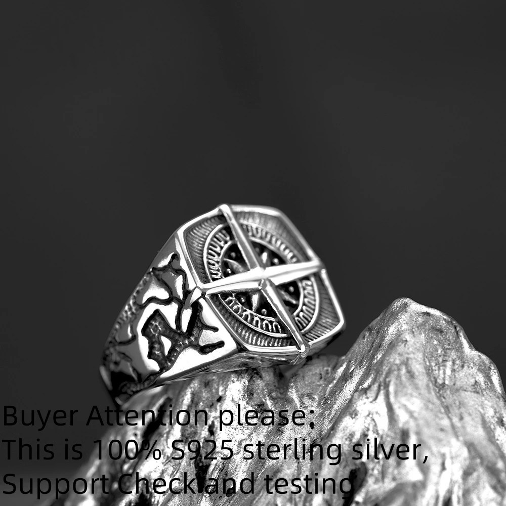 Simplicity Vintage Compass Ring Mens S925 Sterling Silver Anchor Hip Hop Punk Ring Jewelry Creativity Gift Factory Price