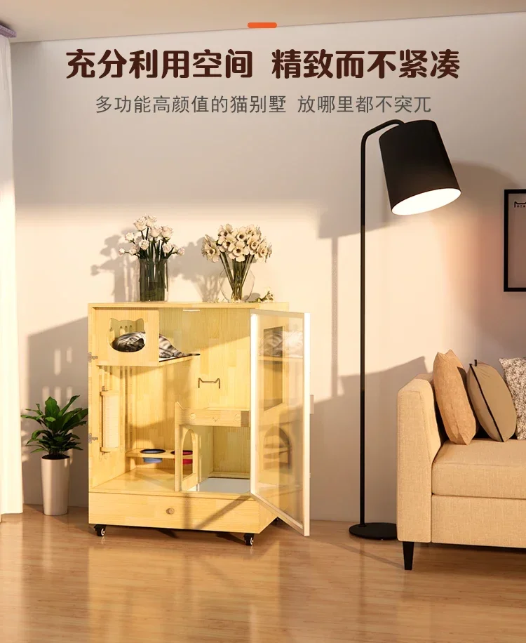 

Solid Wood Home Cat Villa with Drawer Toilet Indoor Small Luxury Balcony